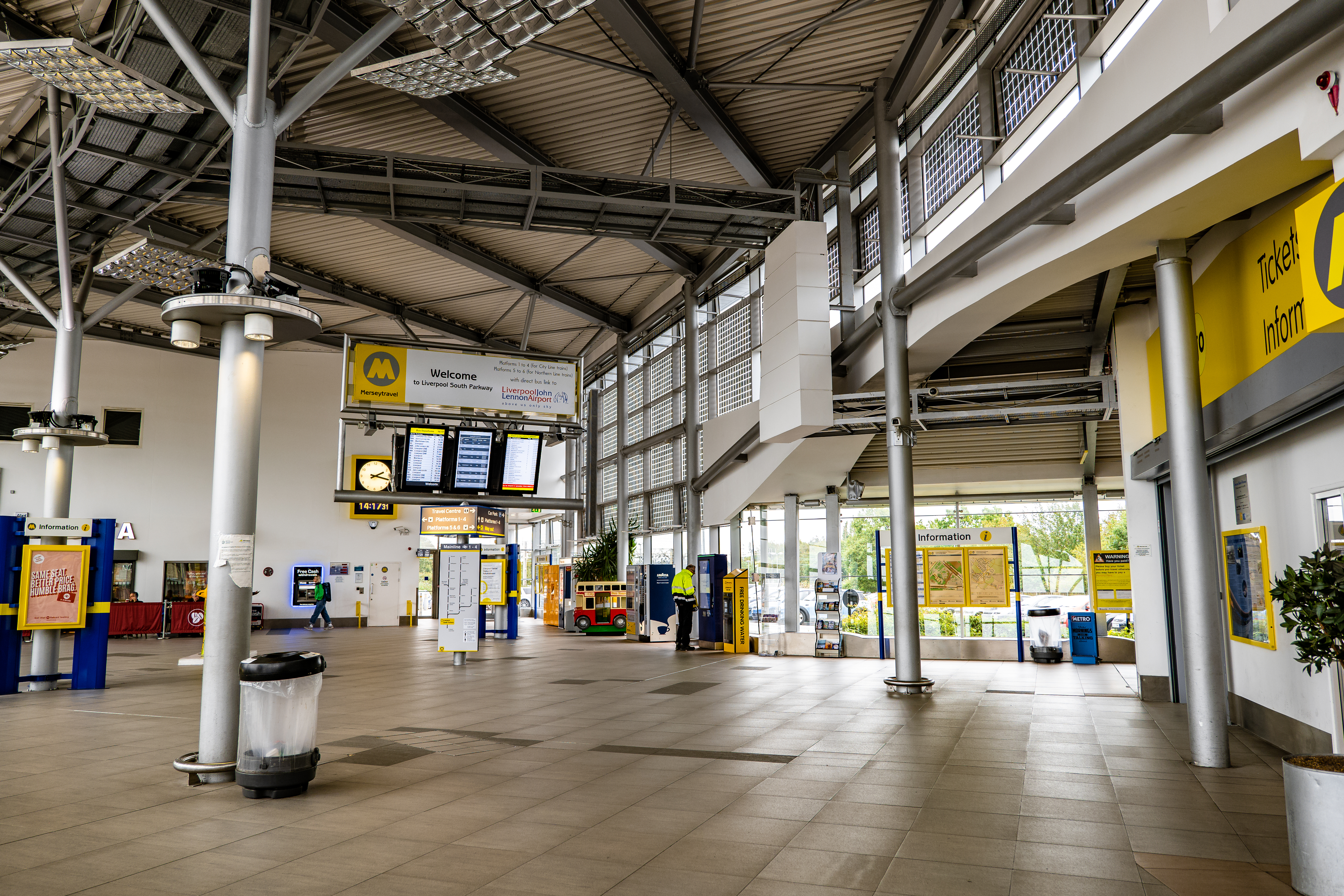 The entrance hall of Liverpool South Parkway station. The station is empty.  
