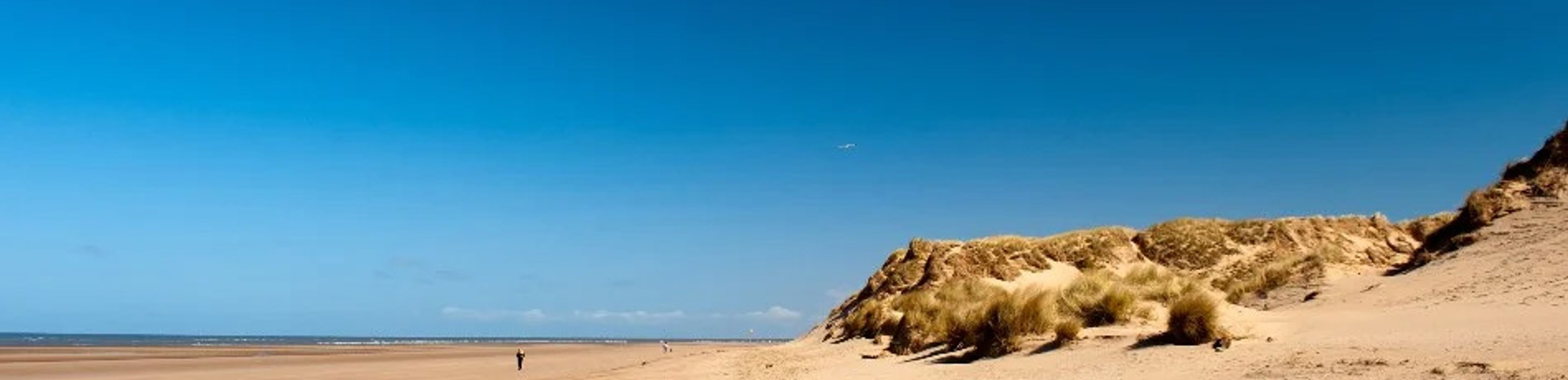 The beach on a sunny day. There is sand dunes and blue sky.